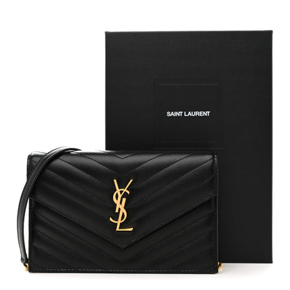 Saint Laurent Grain De Poudre Matelasse Chevron Monogram Envelope Chain Wallet Black 14 of 14