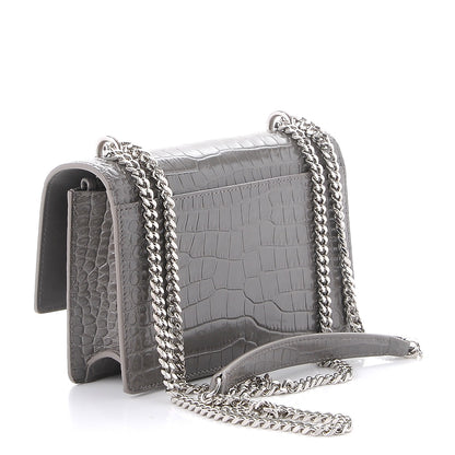 Saint Laurent Calfskin Crocodile Embossed Monogram Sunset Chain Wallet Fog 4 of 9