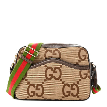 Gucci Monogram Jumbo GG Textured Dollar Calfskin Web Messenger Shoulder Bag Camel Ebony New Acero 1 of 11
