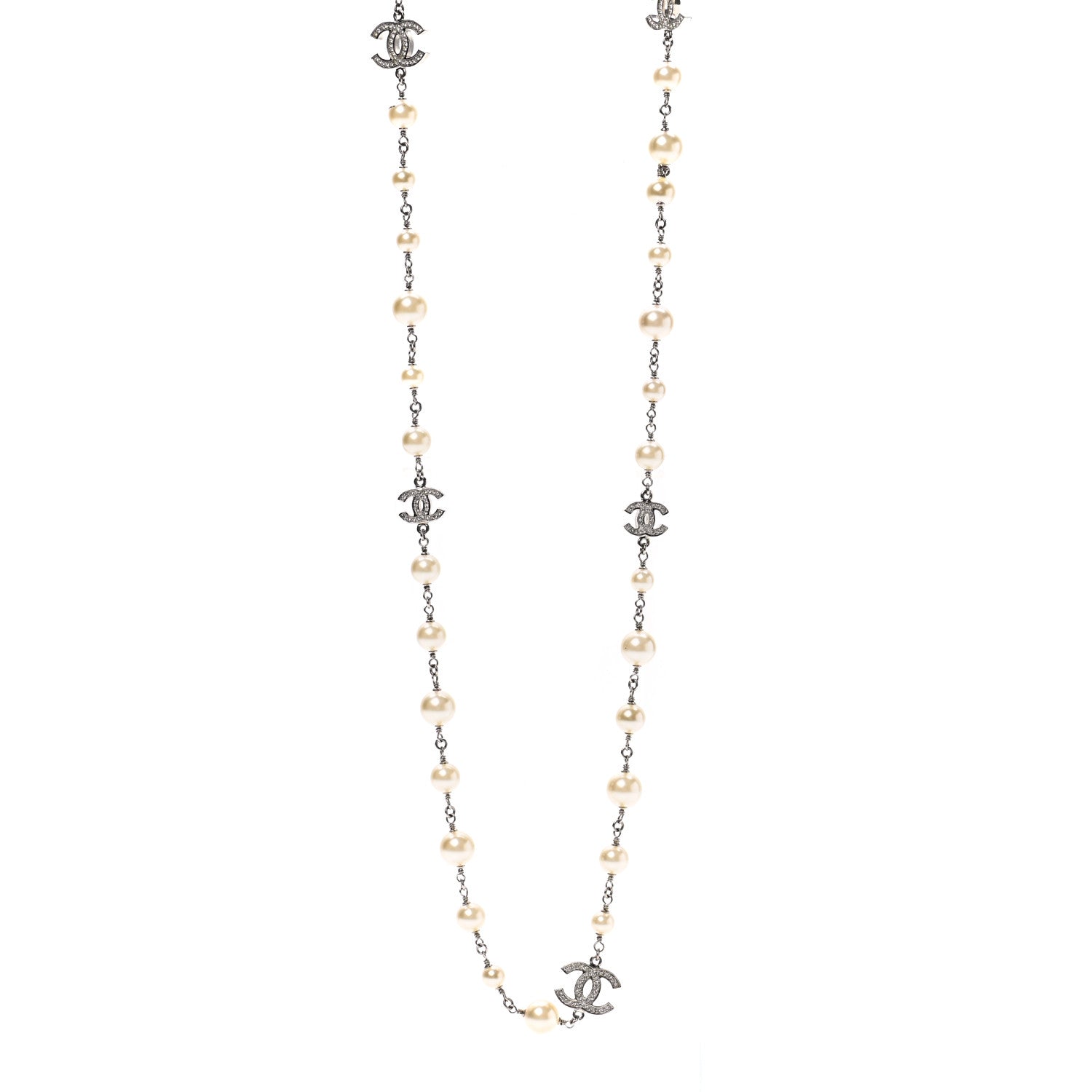 Chanel Graduated Pearl Crystal CC Long Necklace Silver 1 of 7