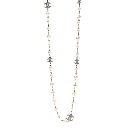 Chanel Graduated Pearl Crystal CC Long Necklace Silver 1 of 7