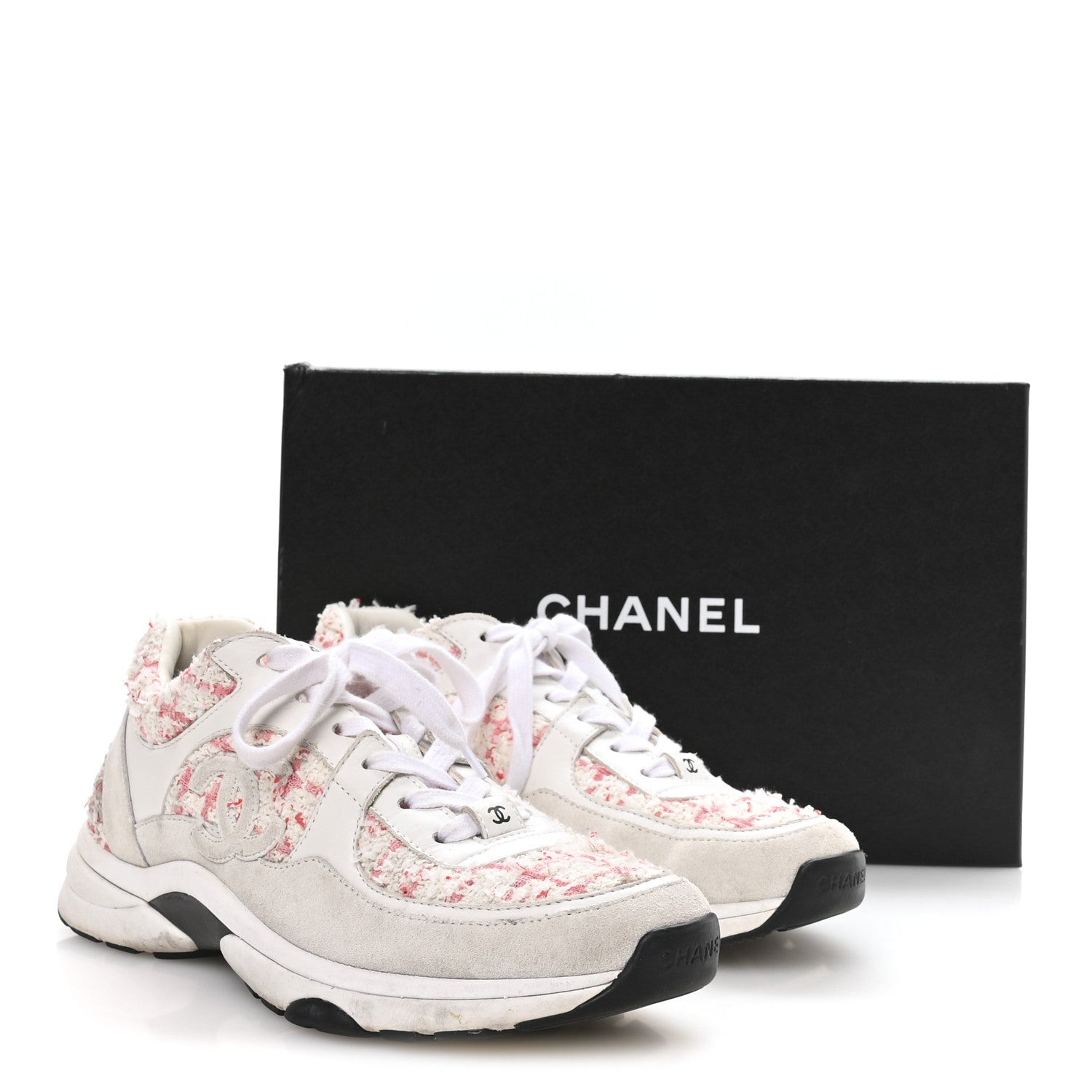 Chanel Tweed Suede Calfskin Womens CC Sneakers 39.5 Ecru Pink Red