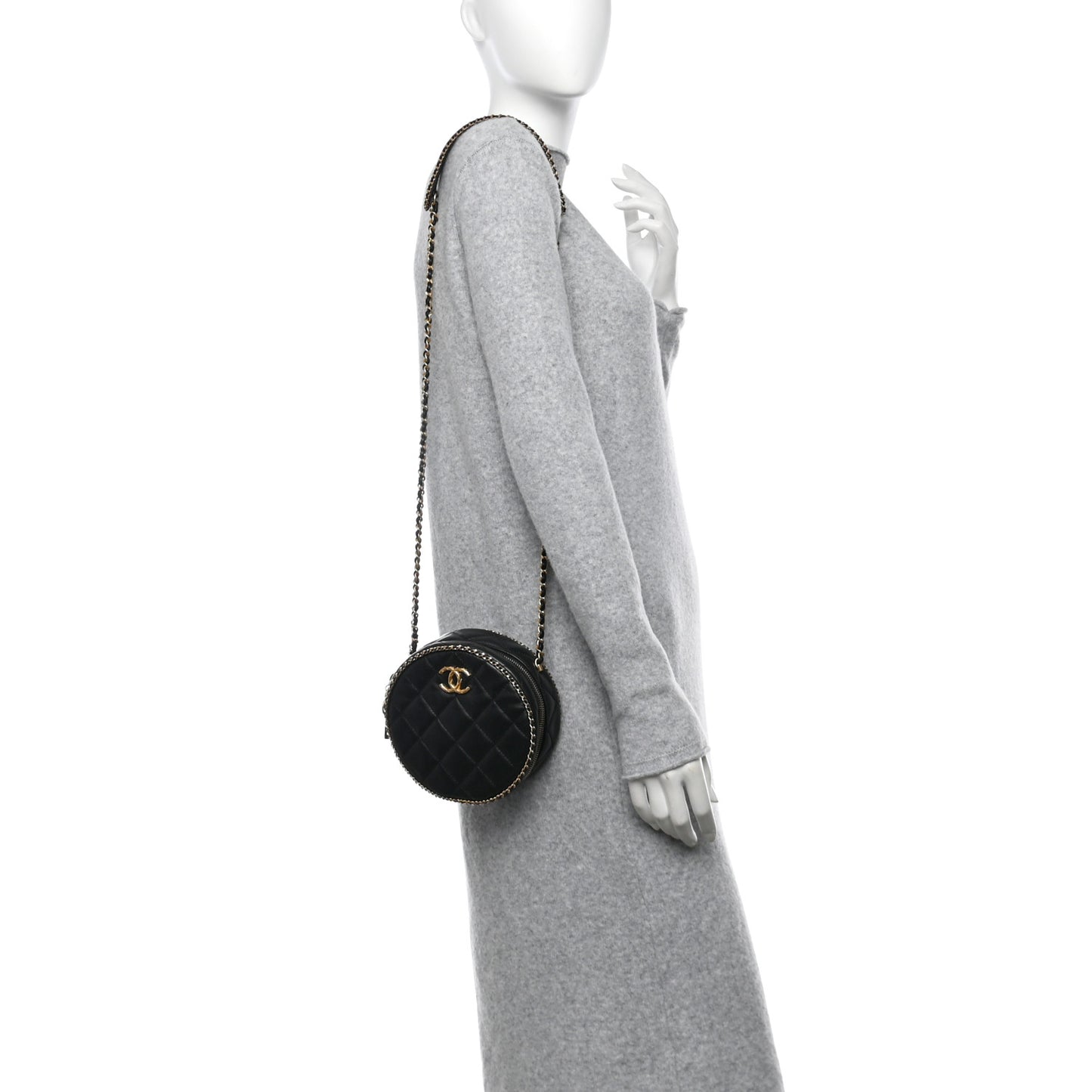 Lambskin Quilted Chain CC Round Clutch With Chain Black