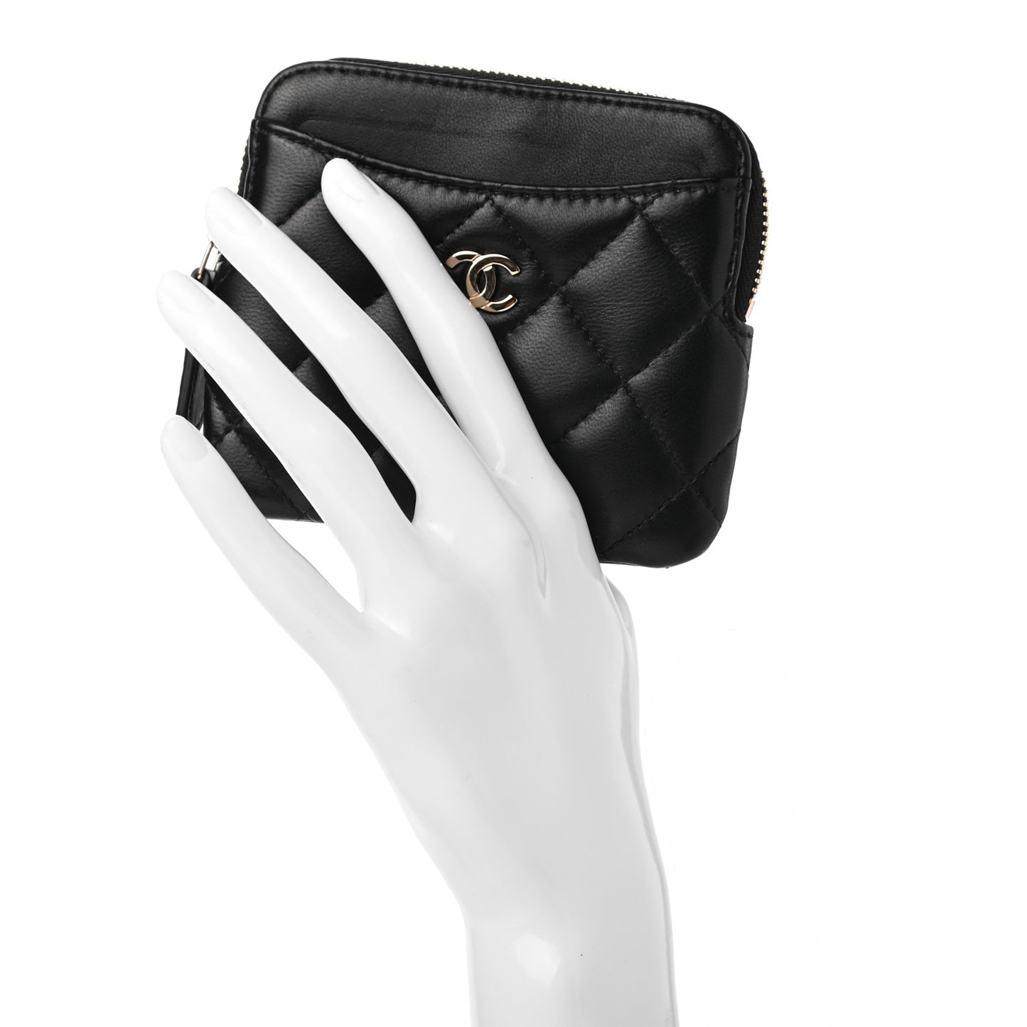 Lambskin Quilted Zip Card Holder Wallet Black