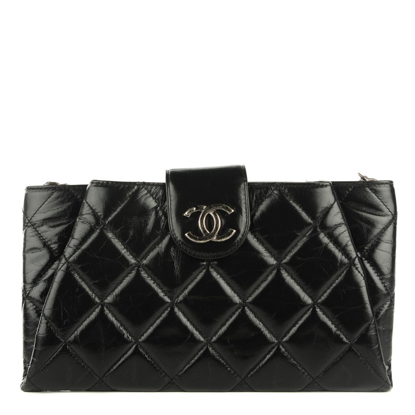 Glazed Calfskin Quilted Coco Pleats Chain Clutch Black
