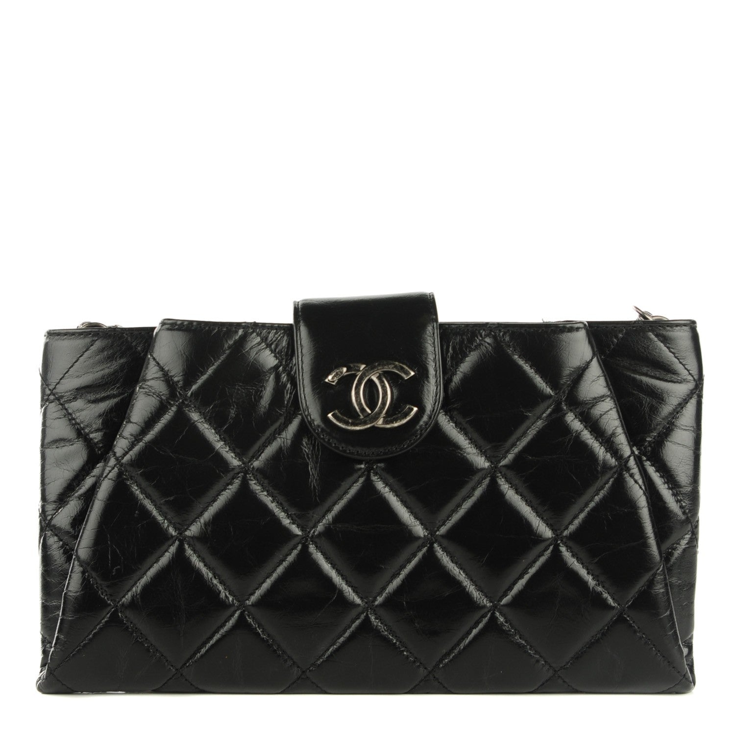 Chanel Glazed Calfskin Quilted Coco Pleats Chain Clutch Black 1 of 7