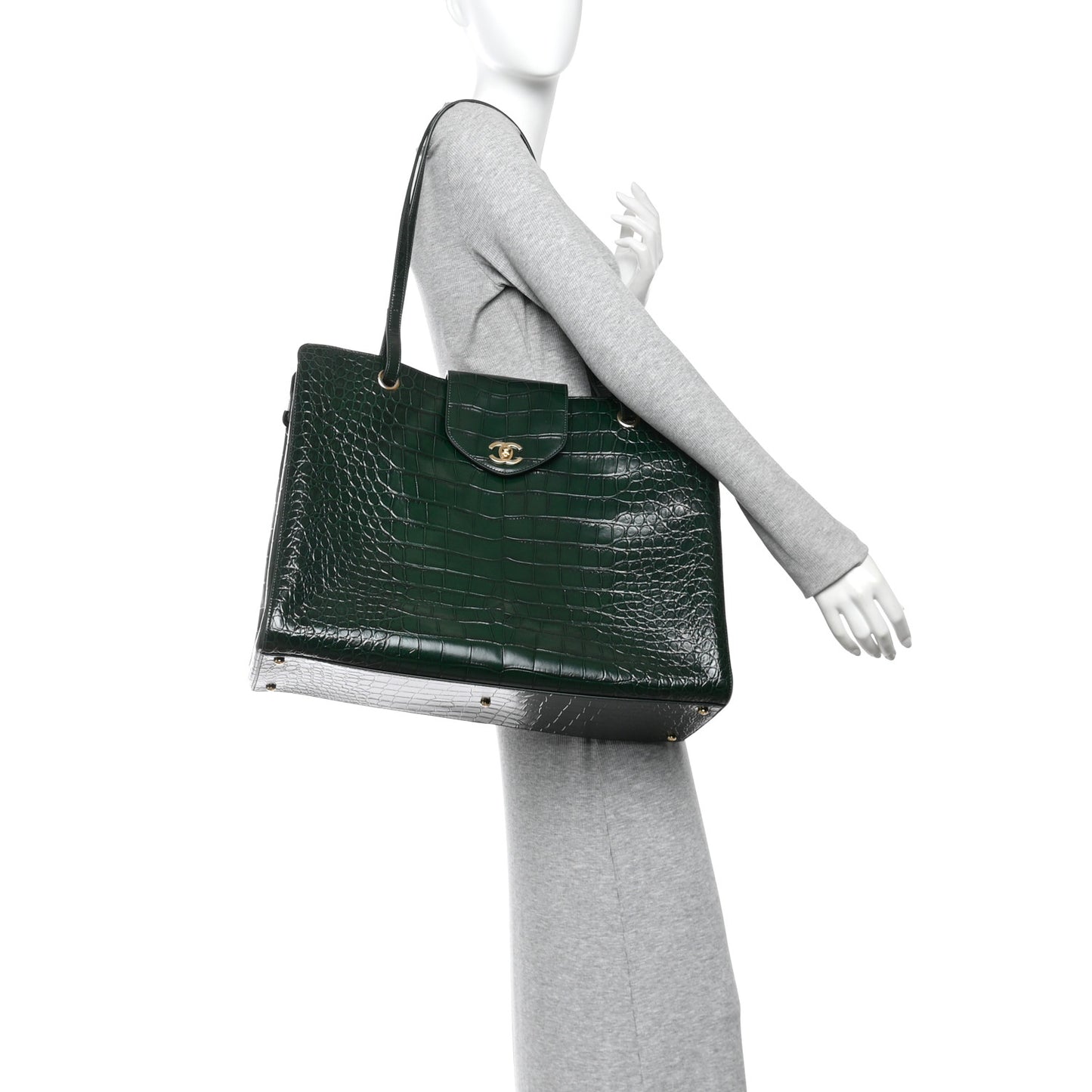 Calfskin Crocodile Embossed Large Shopping Bag Dark Green