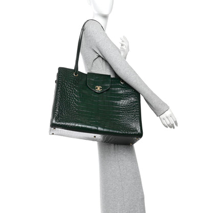 Chanel Calfskin Crocodile Embossed Large Shopping Bag Dark Green 3 of 12