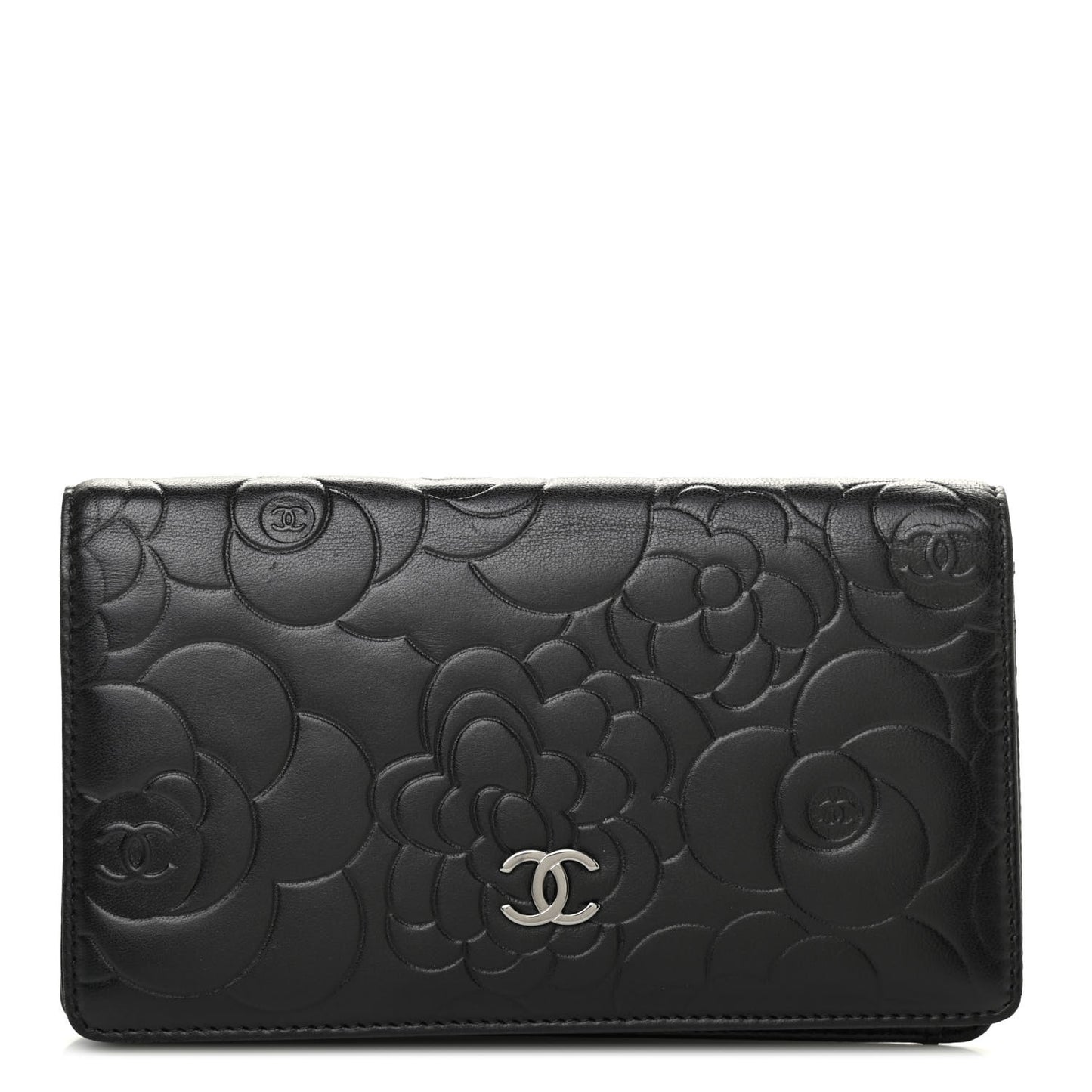 Lambskin Camellia Embossed Yen Wallet Black