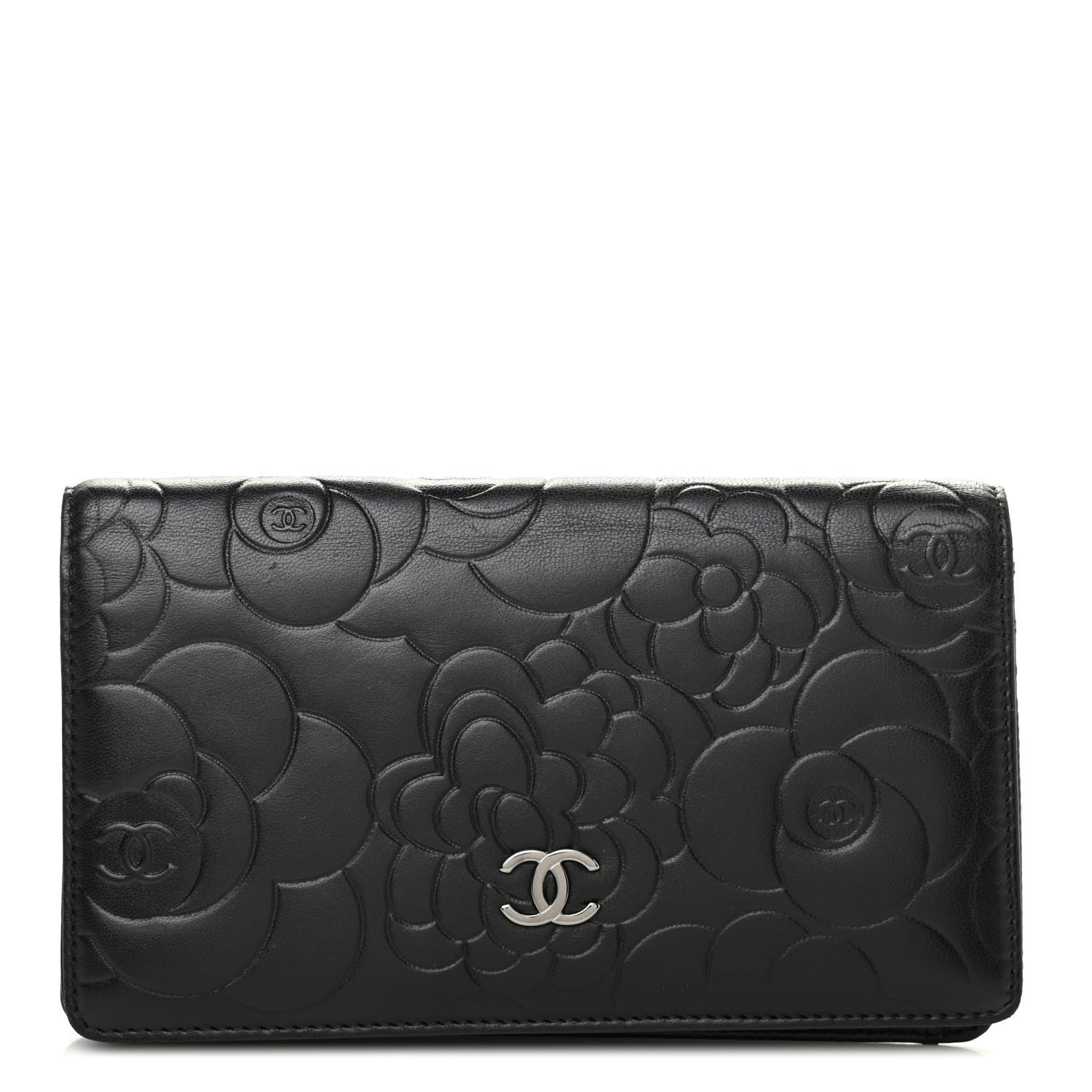 Chanel Lambskin Camellia Embossed Yen Wallet Black 1 of 10