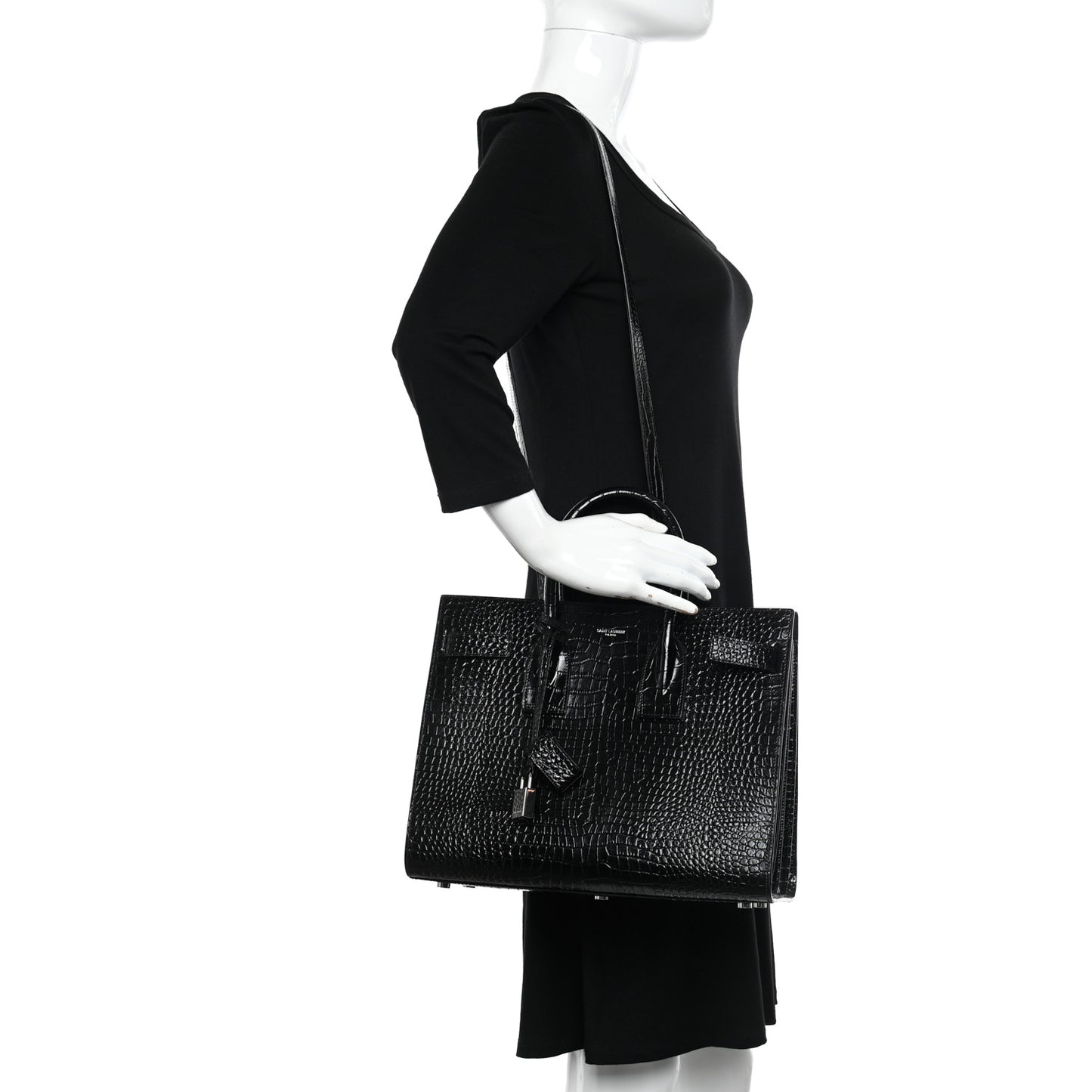 Calfskin Crocodile Embossed Small Sac de Jour Black