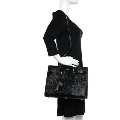 Saint Laurent Calfskin Crocodile Embossed Small Sac de Jour Black 2 of 9