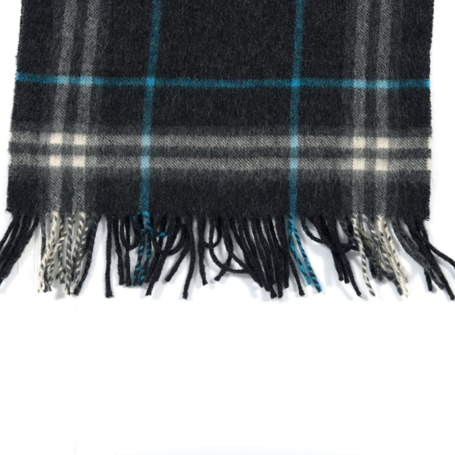 Wool Cashmere Check Striped Fringe Scarf Dark Grey