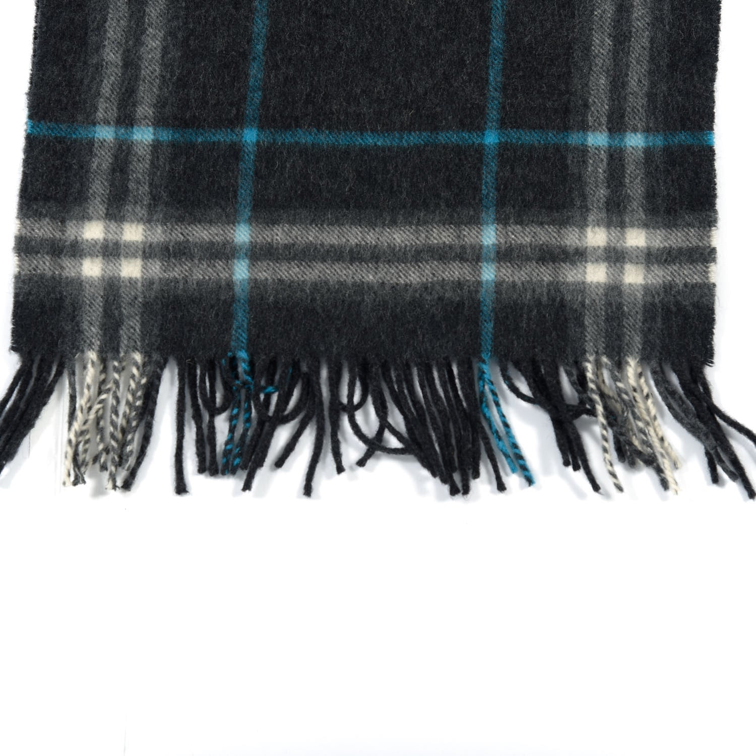 Burberry Wool Cashmere Check Striped Fringe Scarf Dark Grey 3 of 5