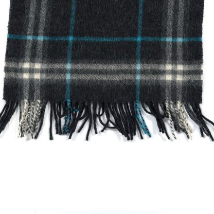 Burberry Wool Cashmere Check Striped Fringe Scarf Dark Grey 3 of 5