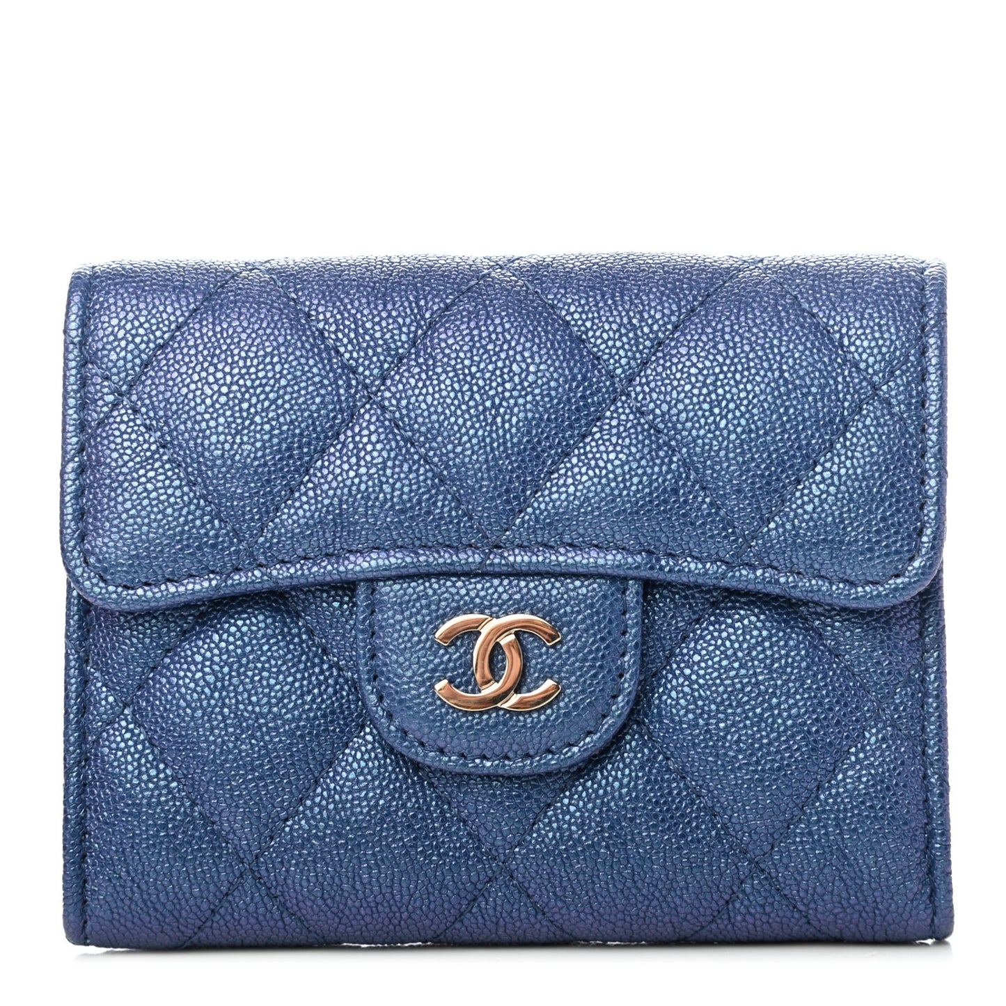 Iridescent Caviar Quilted Flap Card Holder Wallet Dark Blue