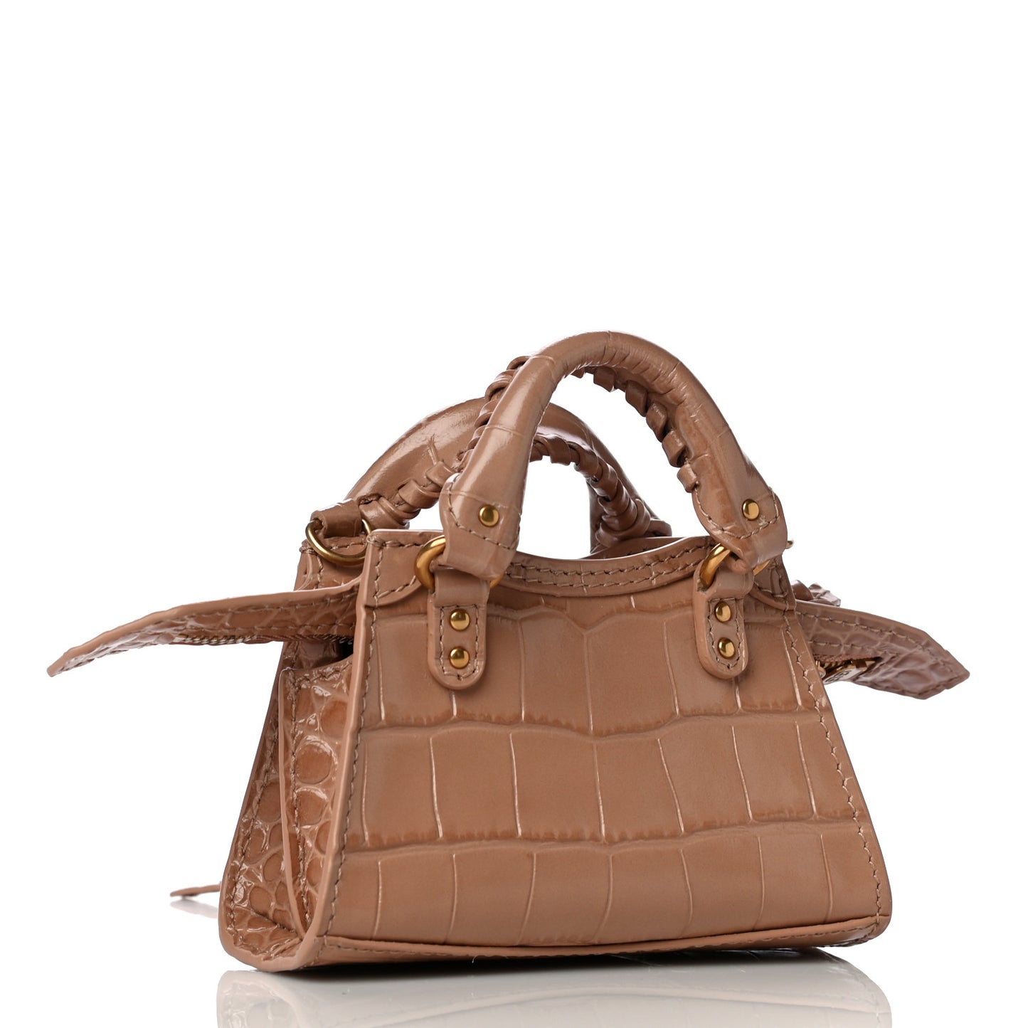 Shiny Supple Calfskin Crocodile Embossed Neo Classic Gold Hardware Super Nano City Crossbody Nude Beige