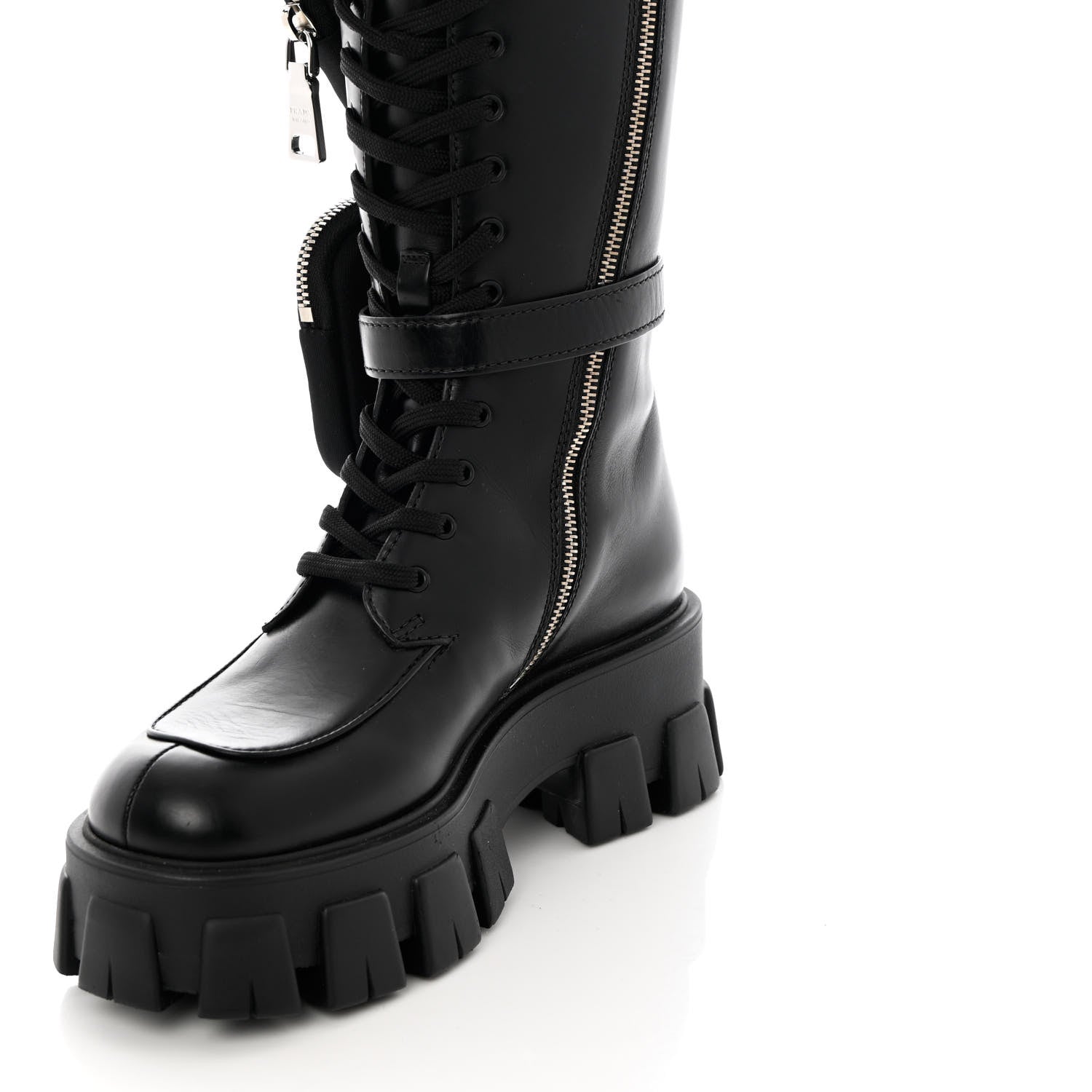Prada Vitello Lux Nylon Metal Triangle Logo Monolith Pouch Pocket 55mm Tall Combat Boots 35.5 Black 12 of 12