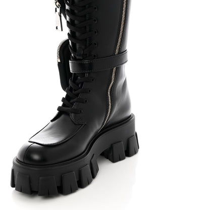 Prada Vitello Lux Nylon Metal Triangle Logo Monolith Pouch Pocket 55mm Tall Combat Boots 35.5 Black 12 of 12