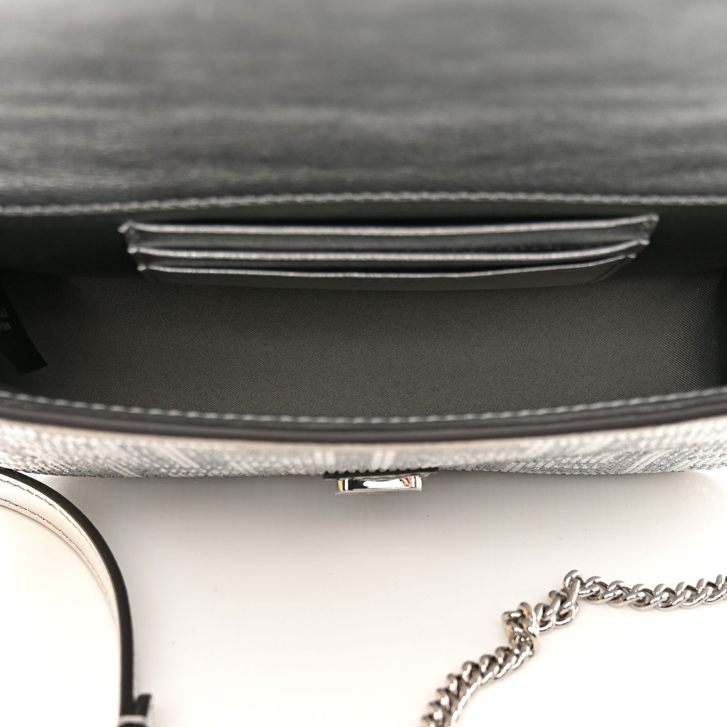Crystal Vitello Laminato FF Mini Baguette Crystal Argento
