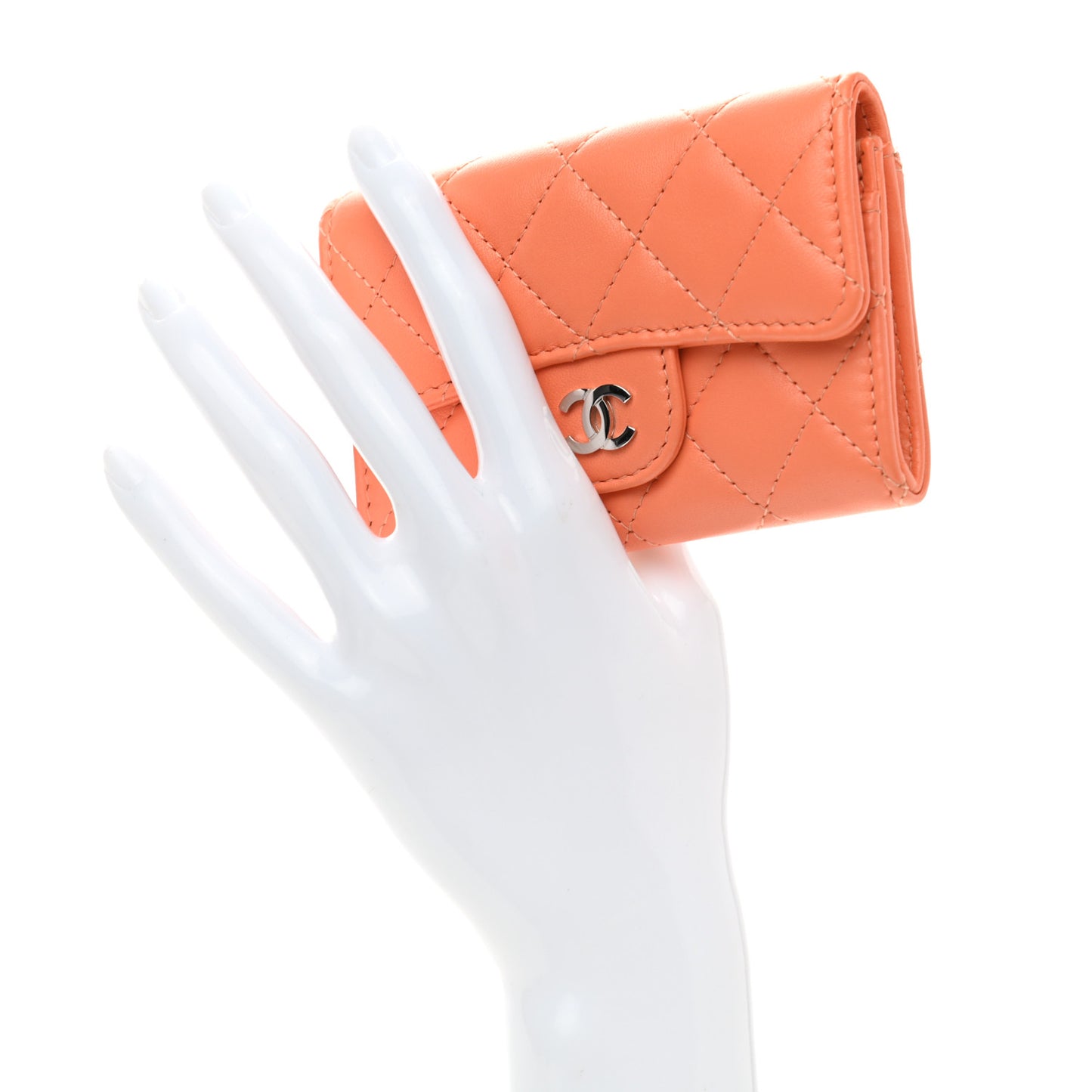 Lambskin Quilted Flap Card Holder Wallet Orange