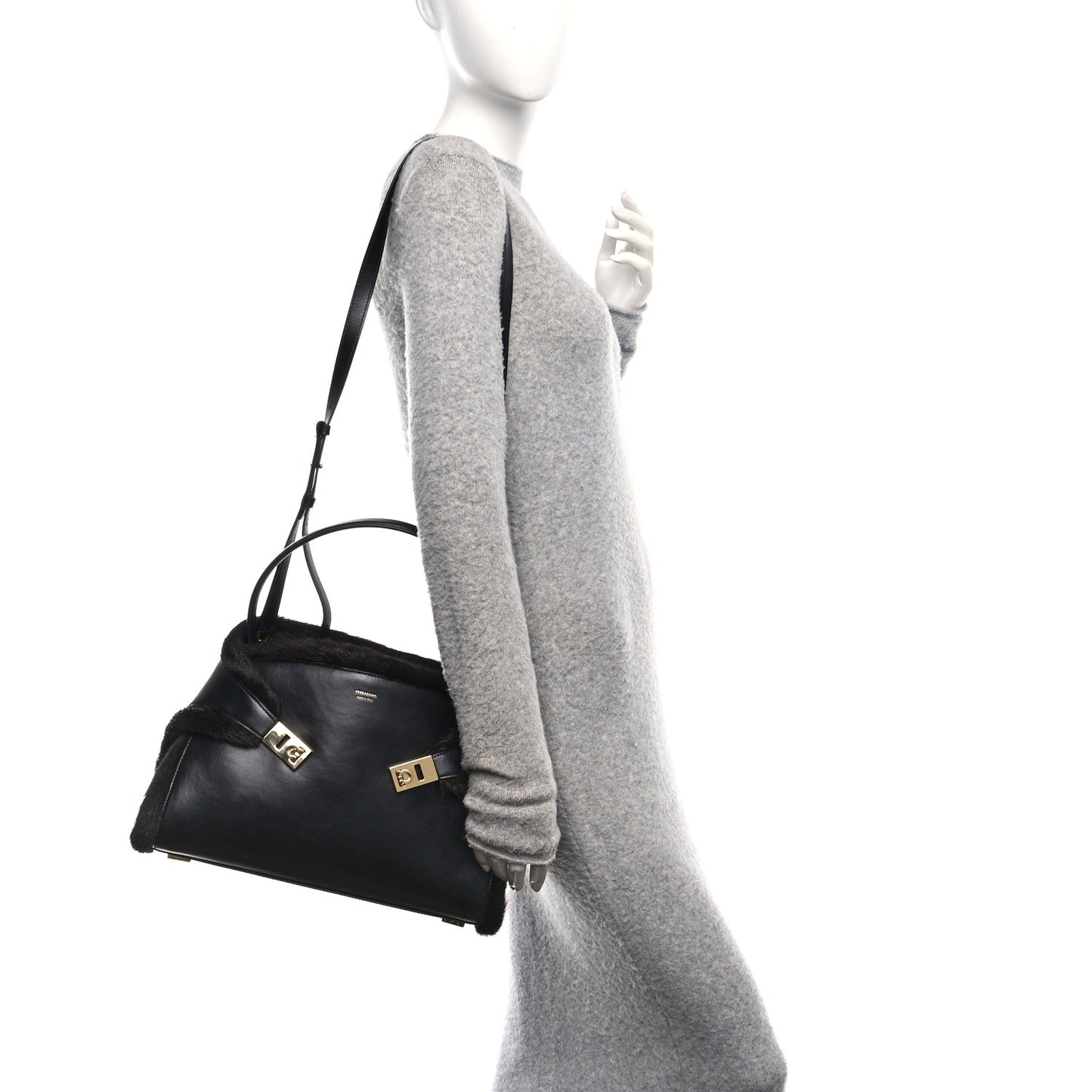 Calfskin Shearling Medium Hug Bag Black