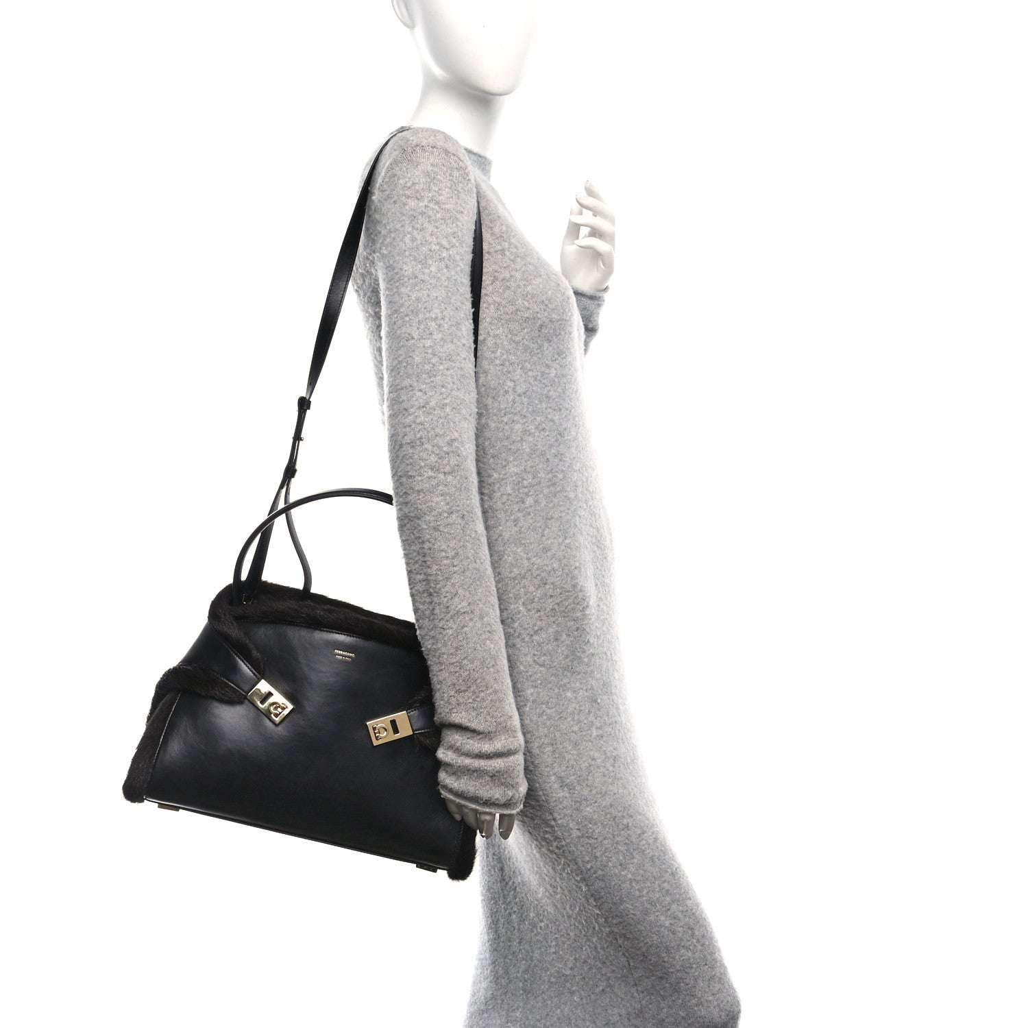 Salvatore Ferragamo Calfskin Shearling Medium Hug Bag Black 2 of 9