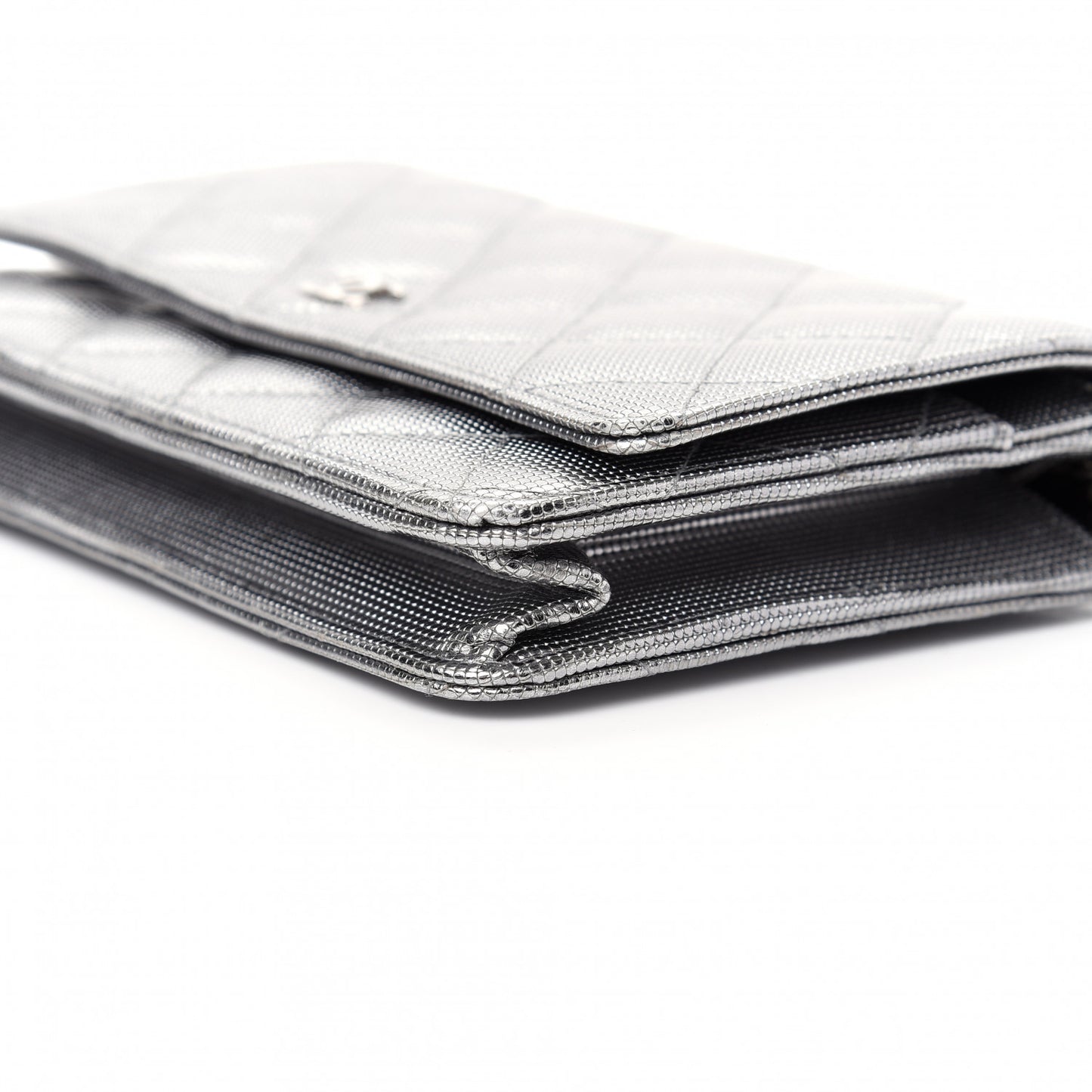 Metallic Calfskin Quilted Pixel Effect Wallet on Chain WOC Silver