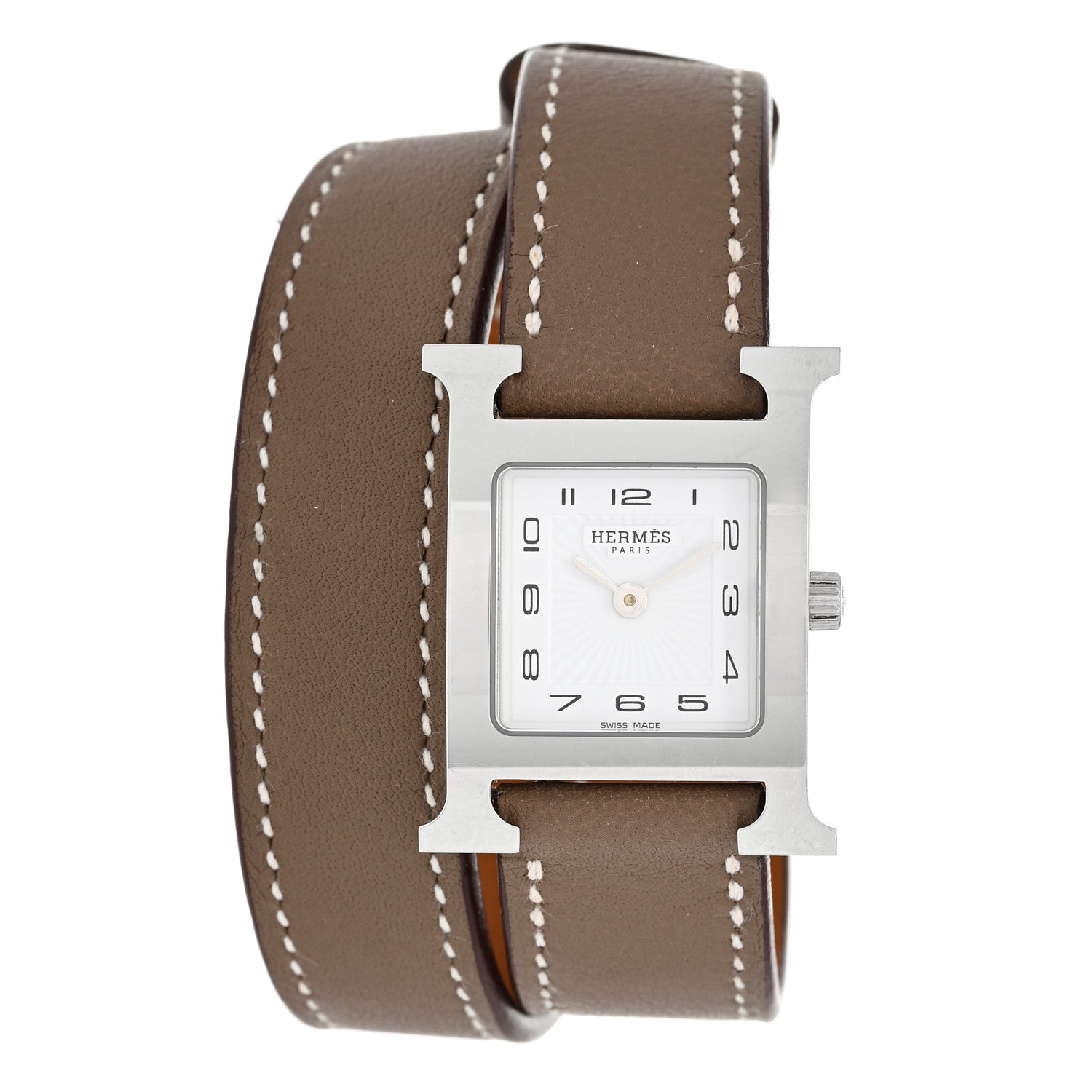 Hermes Stainless Steel Swift 21mm Heure H Hour Double Tour Quartz Watch Etoupe 1 of 4