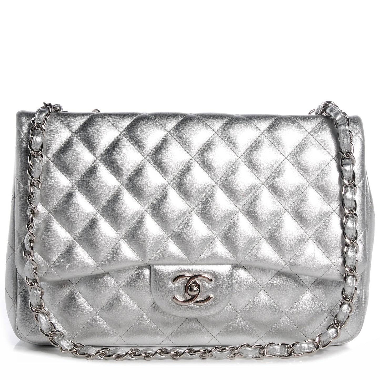 Metallic Lambskin Quilted Jumbo Single Flap Silver