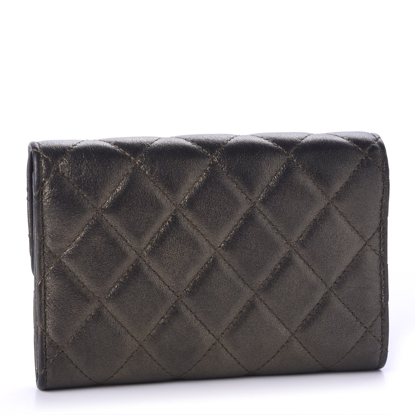 Metallic Calfskin Quilted Medium CC Chic Flap Wallet Dark Gold Grey