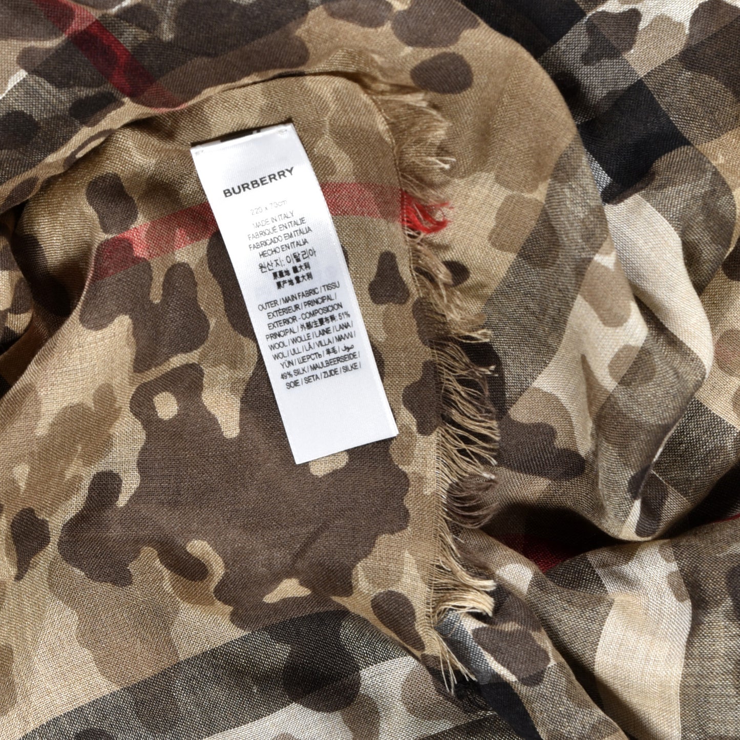 Wool Silk Camoflauge Print House Check Lightweight Scarf Camel