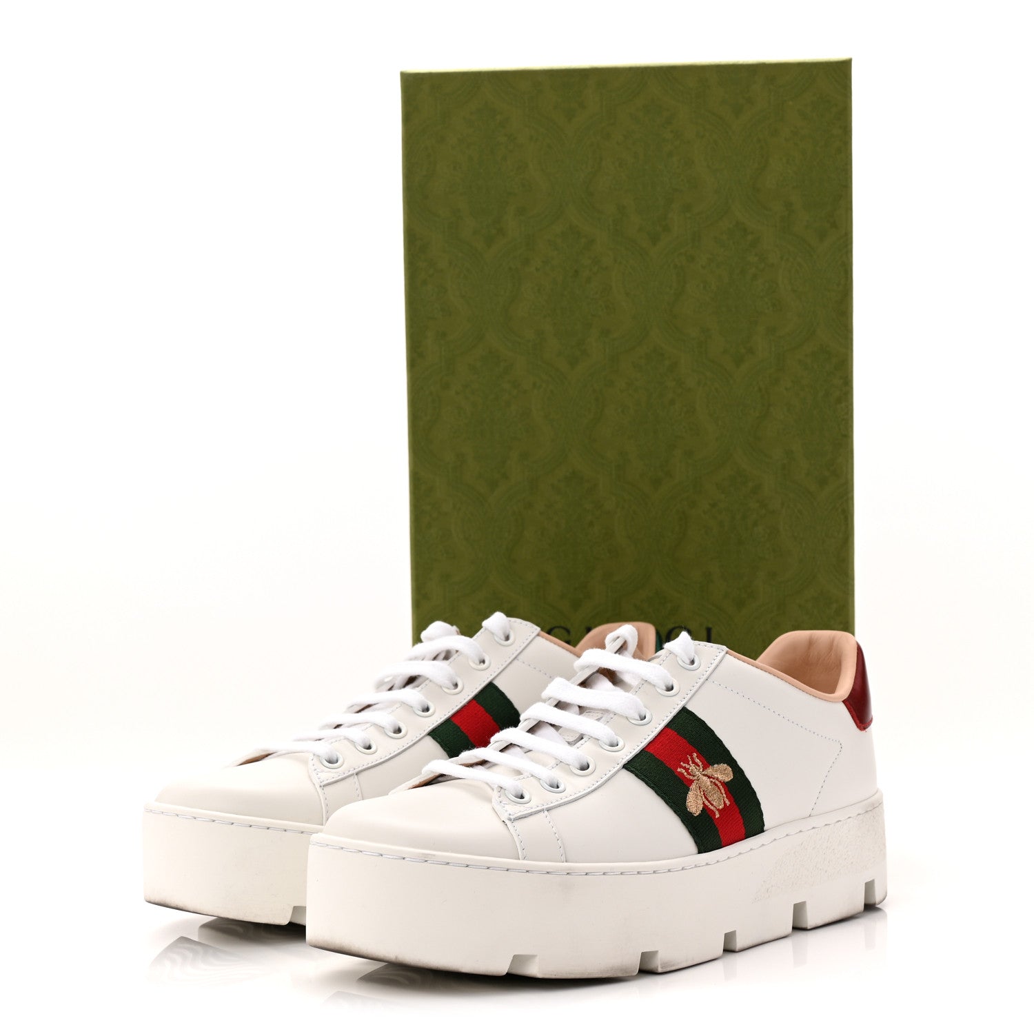 Gucci Calfskin Web Bee Embroidered Womens Ace Platform Sneakers 39 White 10 of 10