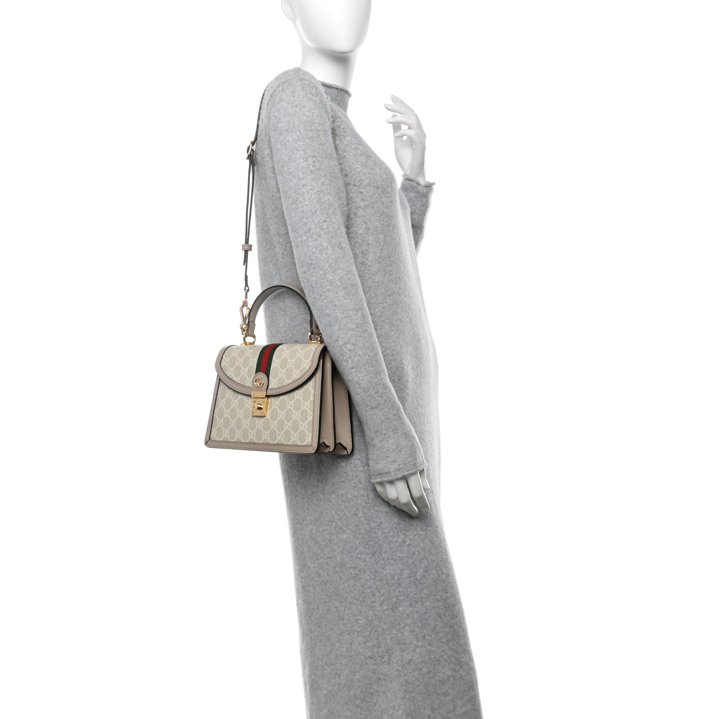 GG Supreme Monogram Textured Dollar Calfskin Web Small Ophidia Padlock Top Handle Bag Beige Mystic White Oatmeal