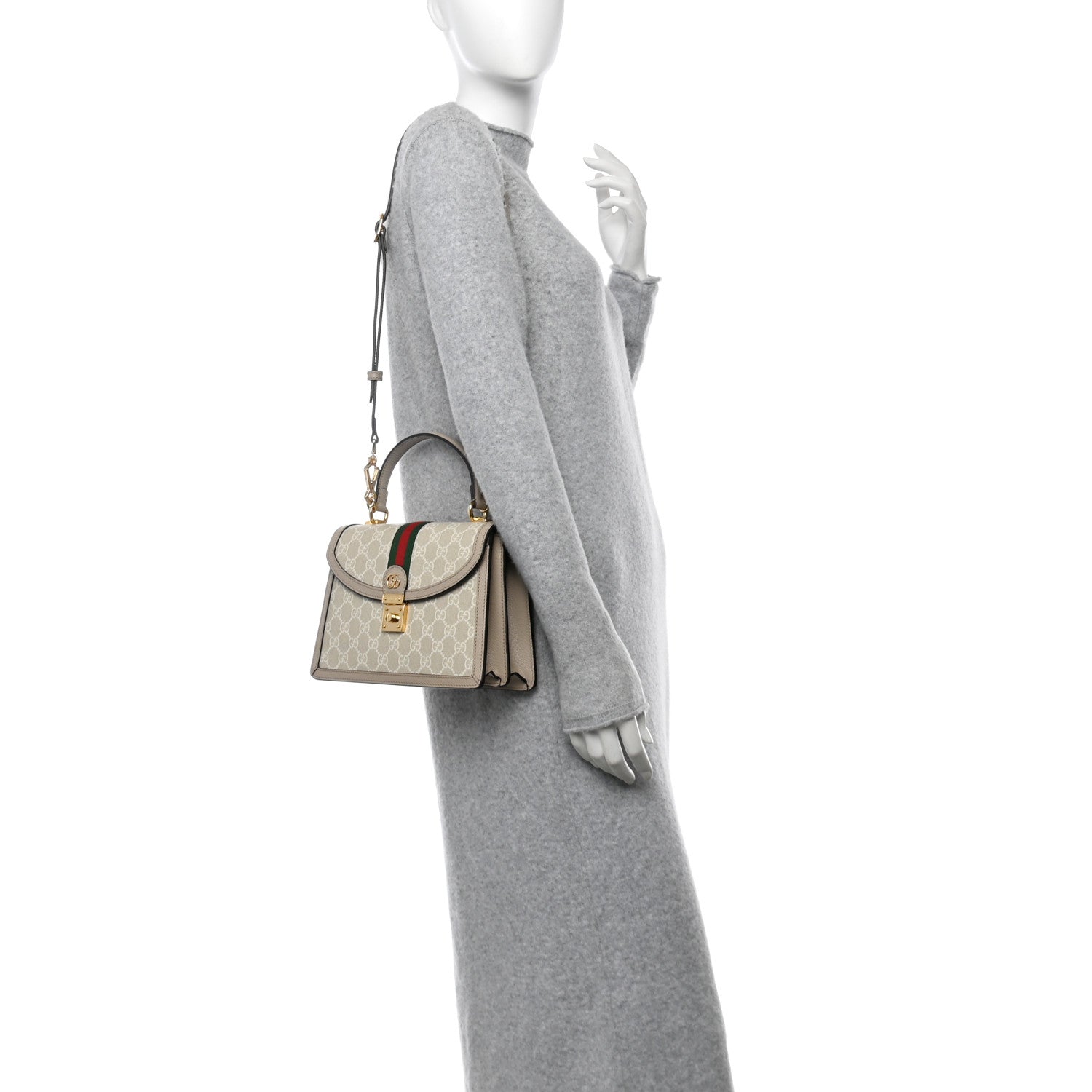 Gucci GG Supreme Monogram Textured Dollar Calfskin Web Small Ophidia Padlock Top Handle Bag Beige Mystic White Oatmeal 2 of 10
