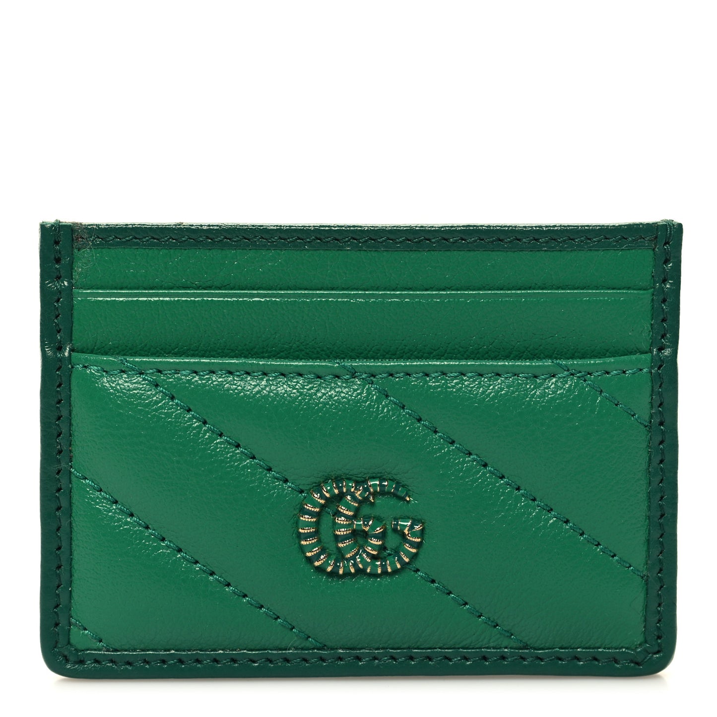 Azalea Calfskin Enamel Matelasse Diagonal Torchon GG Marmont Card Holder New Shamarock Emerald