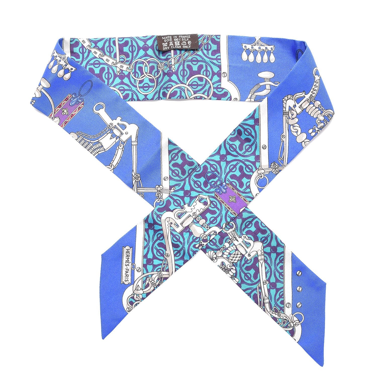 Hermes Silk Mors Et Gourmettes Remix Twilly Bleu Roy Turquoise Prune 1 of 6