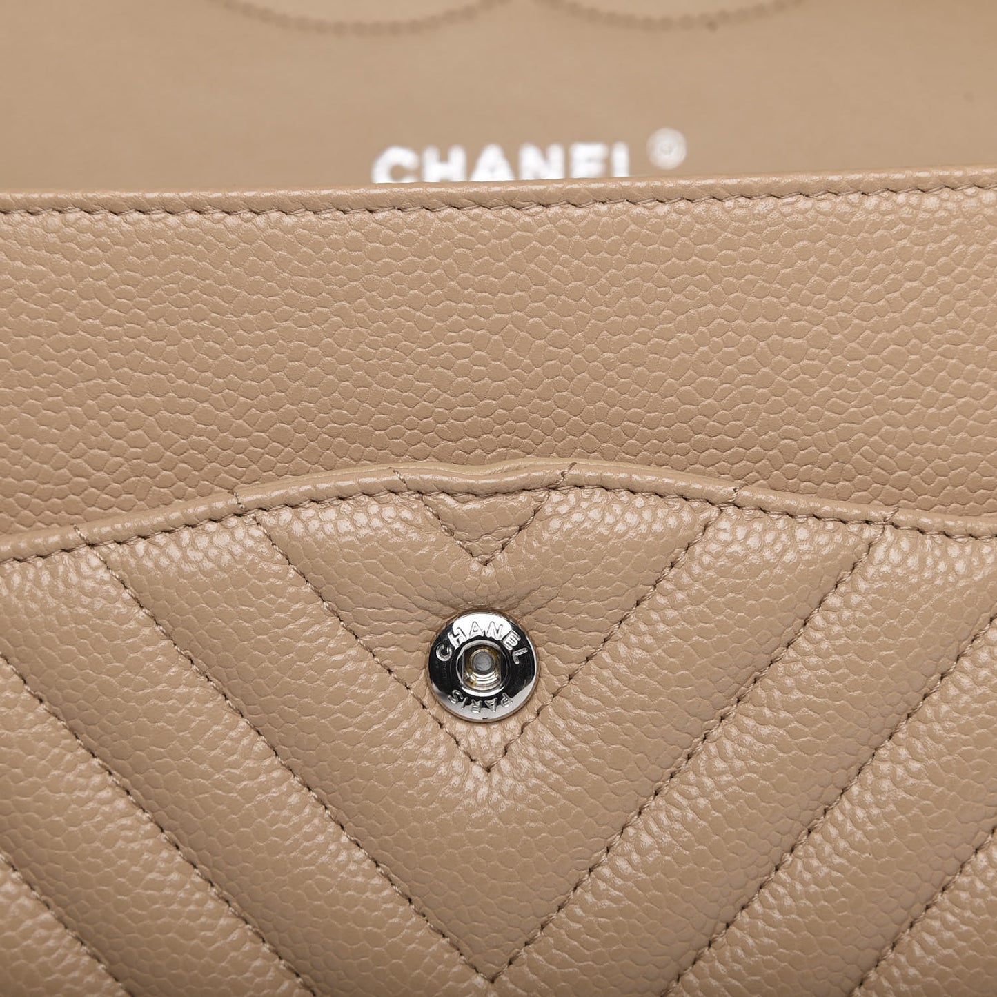 Caviar Chevron Quilted Jumbo Double Flap Beige