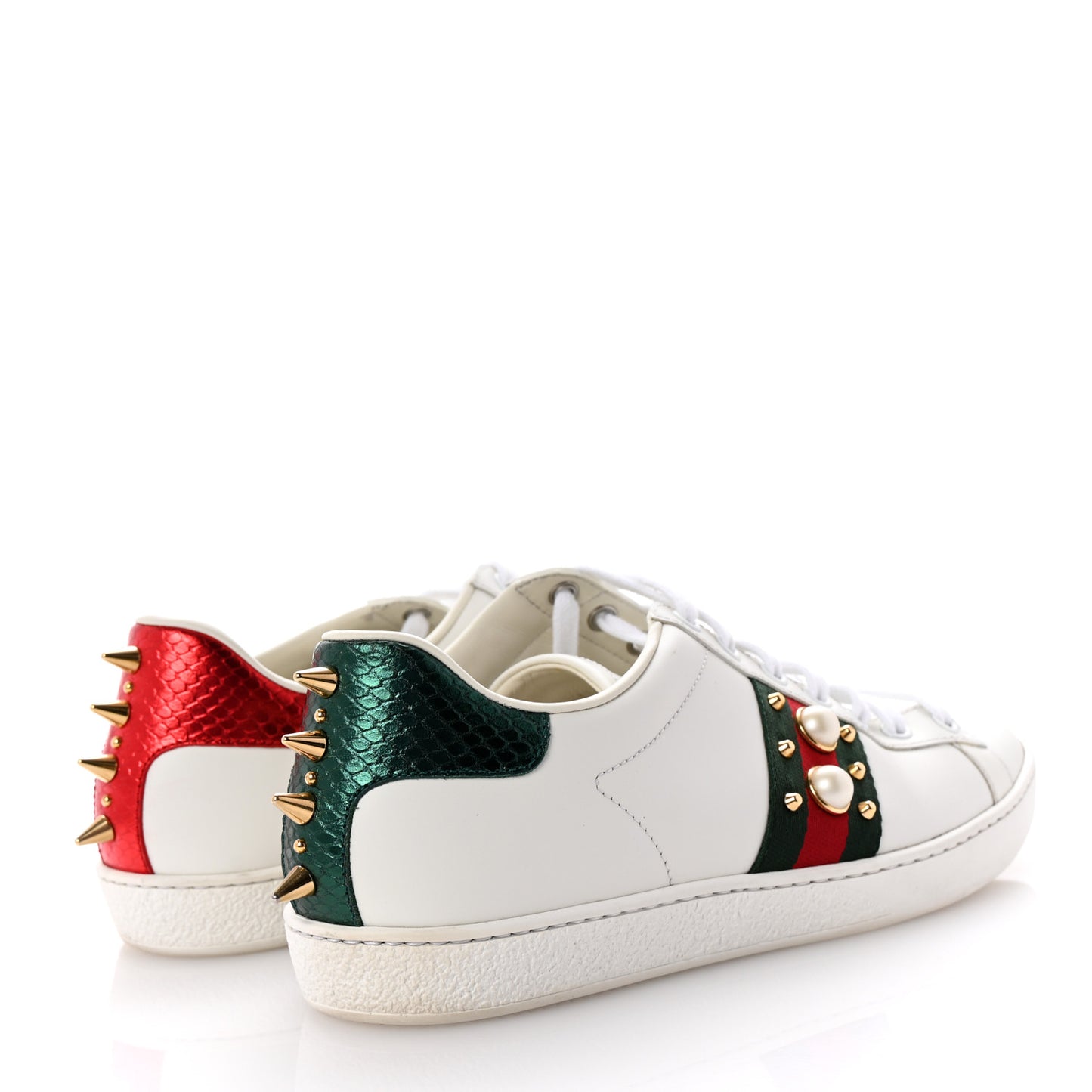 Calfskin Web Pearl Studded Womens Ace Sneakers 39.5 White
