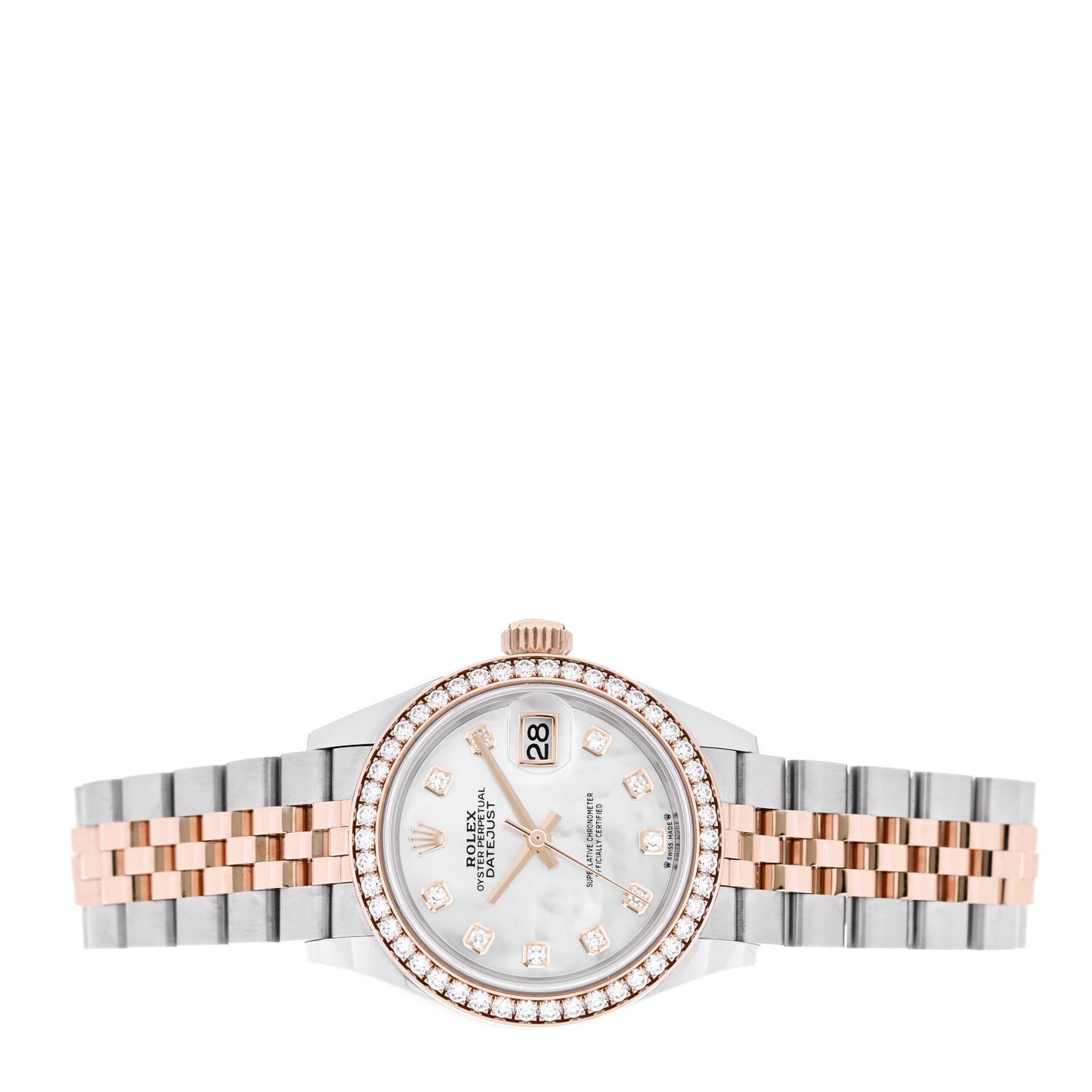 Stainless Steel 18K Everose Gold Diamond Bezel Mother of Pearl 28mm Oyster Perpetual Datejust Watch 279381RBR
