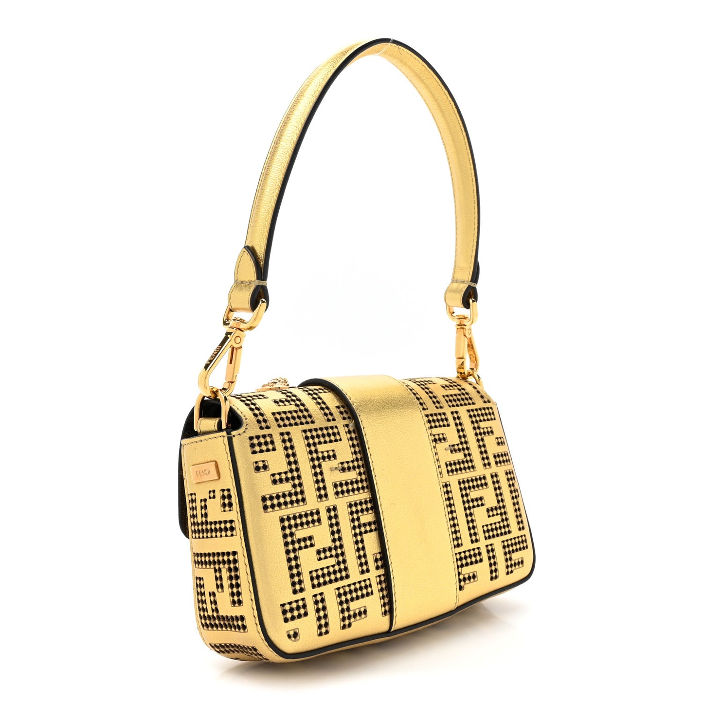X VERSACE Vitello Laminato Nappa Perforated Fendace FF Baroque Mini Brooch Baguette Gold