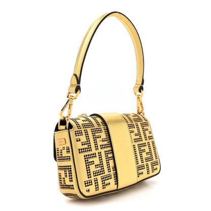 Fendi X VERSACE Vitello Laminato Nappa Perforated Fendace FF Baroque Mini Brooch Baguette Gold 3 of 10