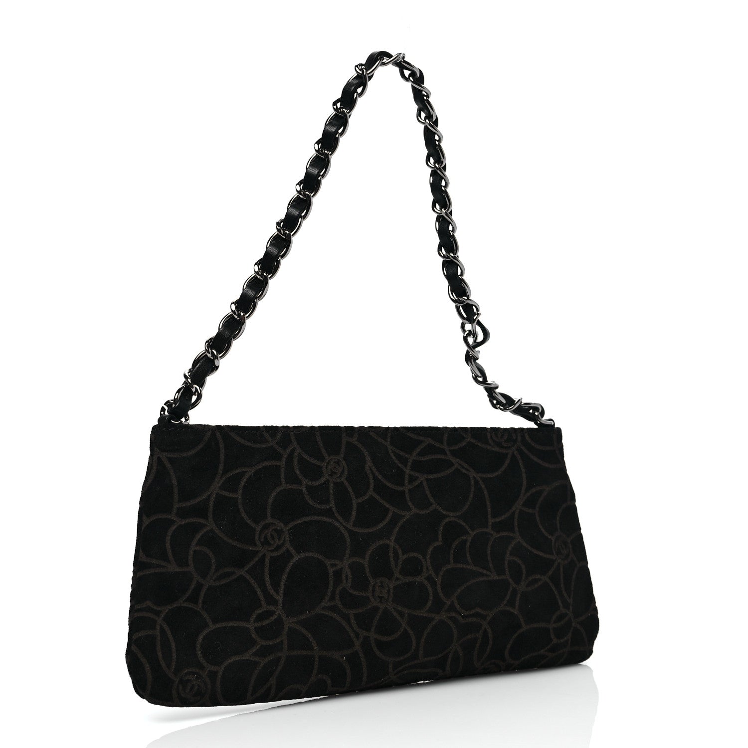 Chanel Suede Camellia Embossed Clutch Bag Black 2 of 7