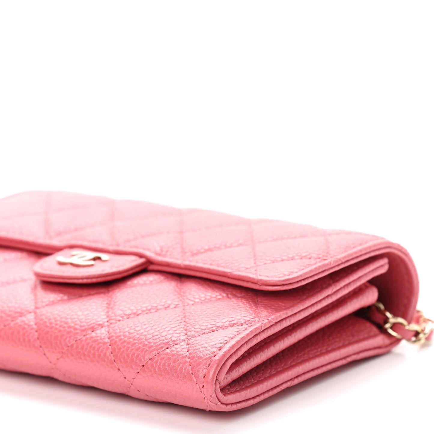 Iridescent Caviar Quilted Flap Mini Wallet On Chain WOC Pink