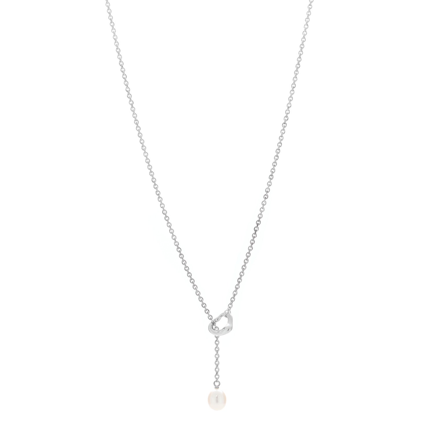 Tiffany Sterling Silver Pearl 7.5-8mm Elsa Peretti Open Heart Lariat Necklace 1 of 5