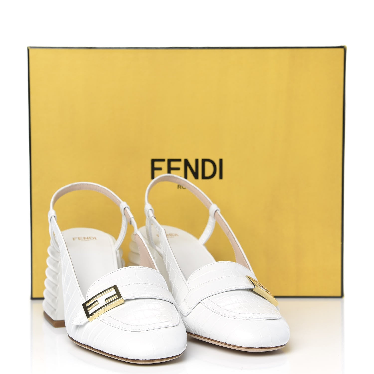 Fendi Calfskin Crocodile Embossed Promenade Slingback Loafer Pumps 37 White 8 of 8