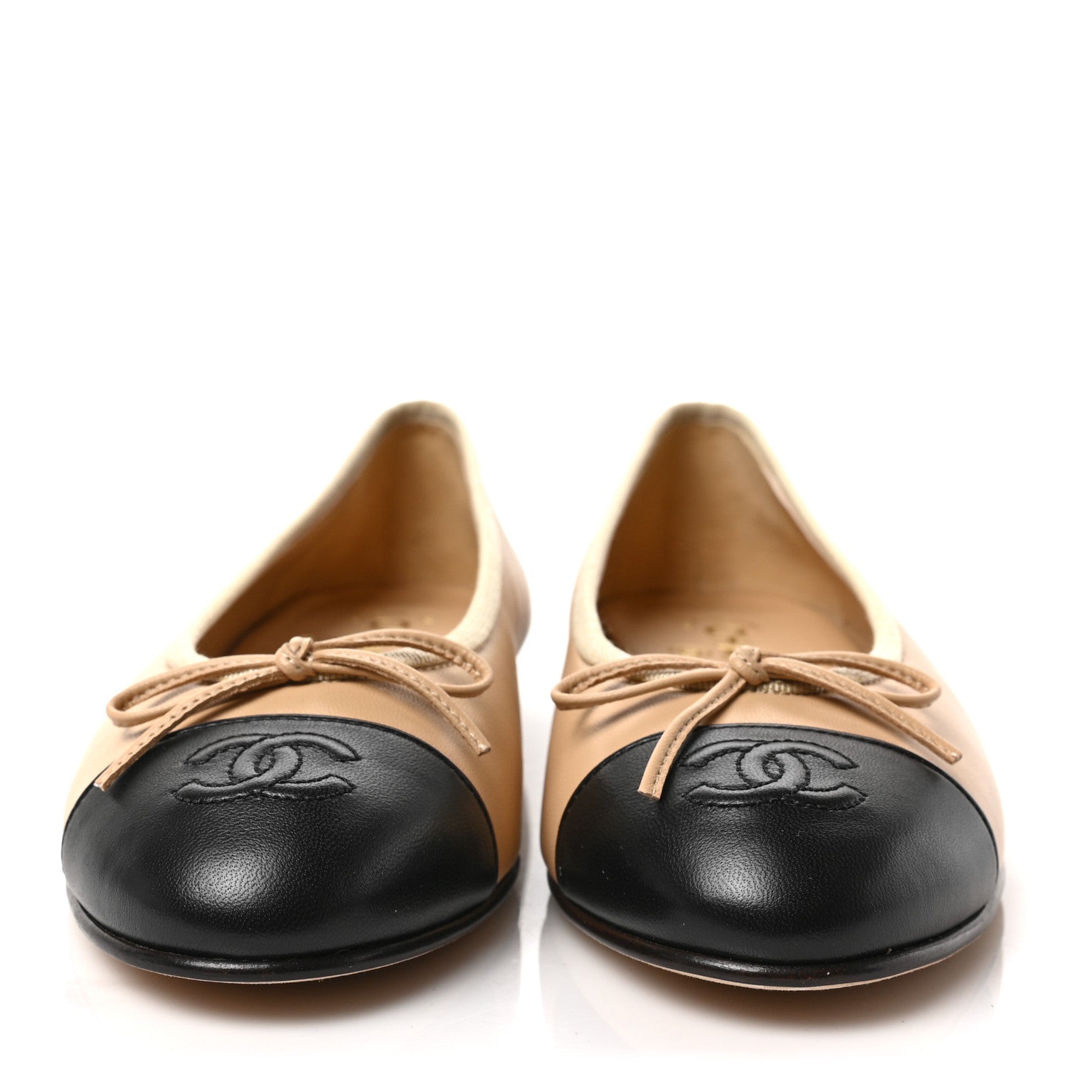 Chanel Lambskin Cap Toe CC Ballerina Flats 37.5 Beige Black 2 of 8