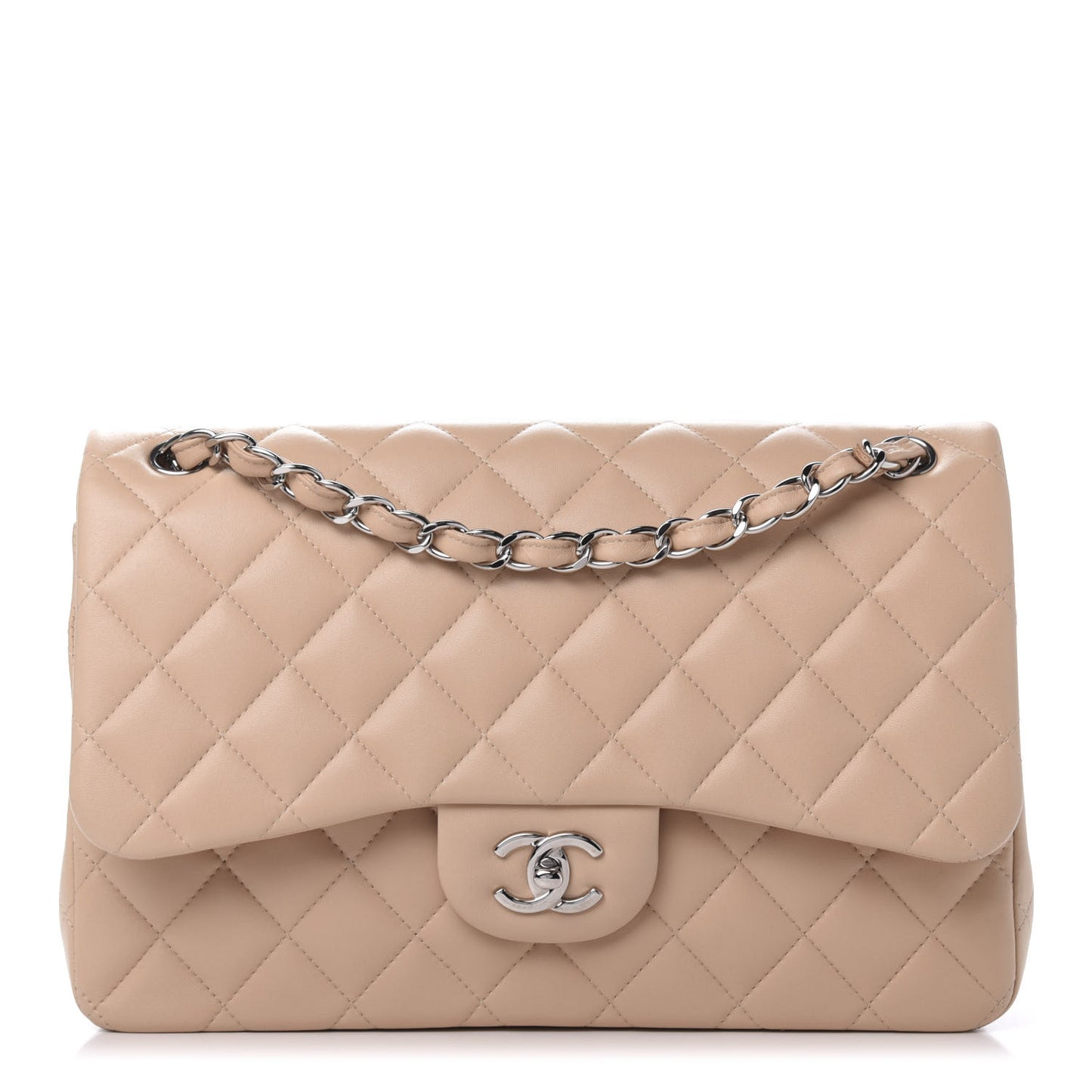 Lambskin Quilted Jumbo Double Flap Beige