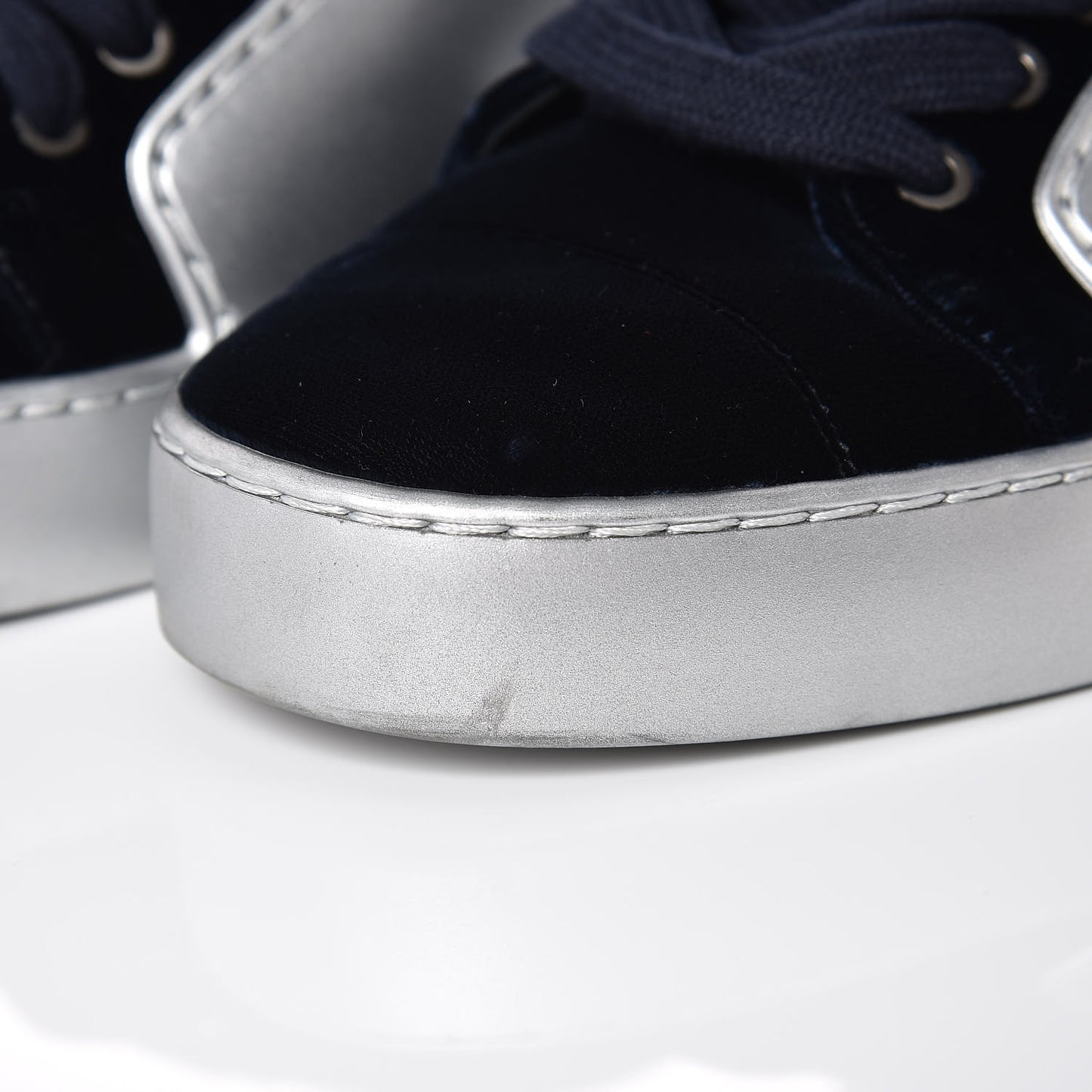 Calfskin Velvet Womens CC Sneakers 35 Silver Blue