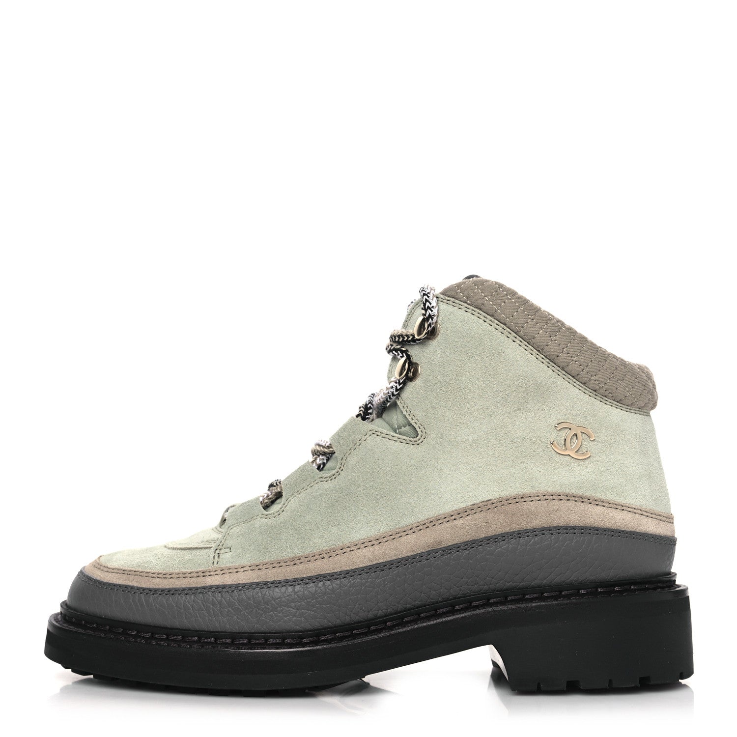 Chanel Suede Grained Calfskin CC Lace Up Boots 39 Light Green Dark Beige Gray 1 of 8